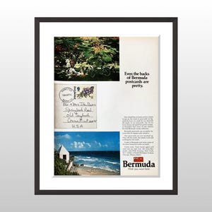May include: Framed vintage advertisement for Bermuda. The ad features three images: a group of people near bicycles, a postcard with a stamp, and a beach scene. Text reads "Even the backs of Bermuda postcards are pretty."