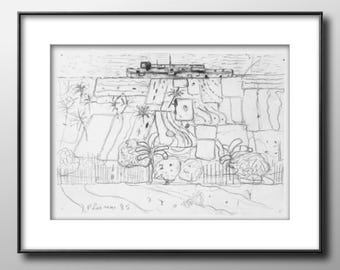 May include: A framed pencil sketch depicting a stone structure with a series of rectangular blocks and a flat top. The artwork includes details of vegetation and a signature with the year "85".
