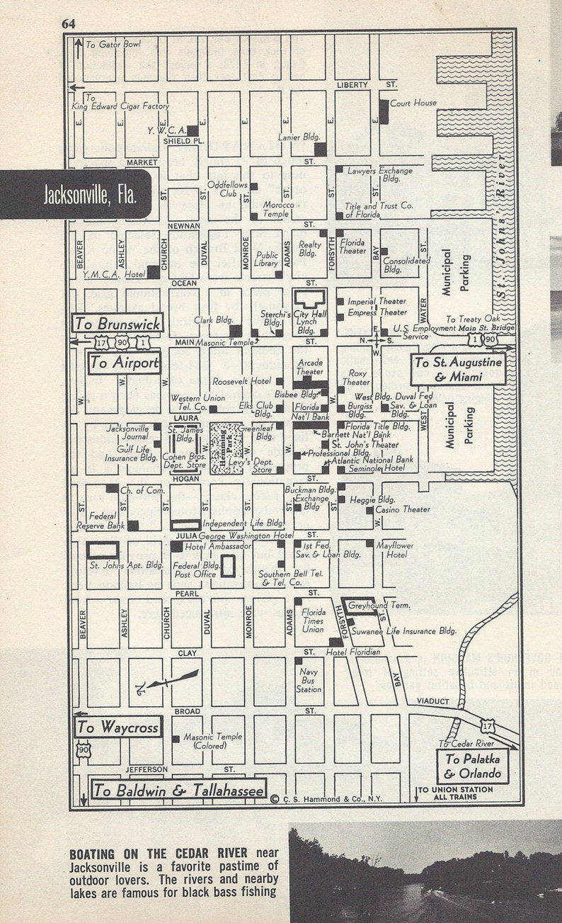 Jacksonville Florida Map City Map Street Map 1950s Black Etsy