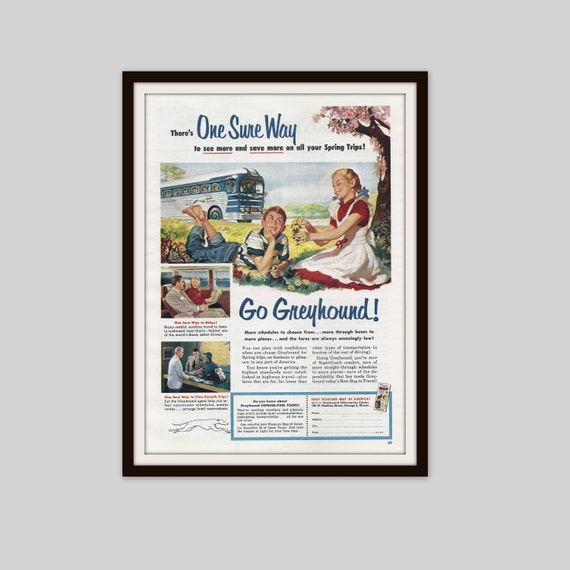 VINTAGE GREYHOUND BUS Ad Mid-Century Poster Garage Mechanic Retro Travel Ad