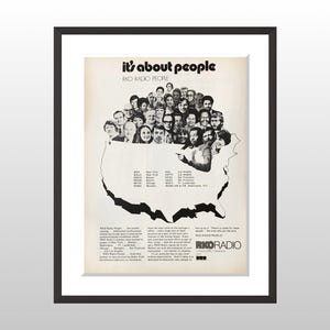 May include: Framed vintage poster with the text "it's about people" and "RKO Radio People." The poster features a group of people and a map of the United States. The poster is in a black frame.