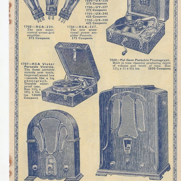 Antique Radio, Victrola, Phonograph, RCA, Music, Advertisement, Depression Era Catalog Page, 1930s, 2 Sided Print, Home Furnishings