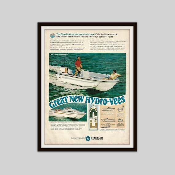 1968 Chrysler Hydro Vee Boat Print Ad, Vintage Boat Ad, Boating Wall Art,  Ski Boat, Runabout, Lakehouse Decor, Original Magazine Ad