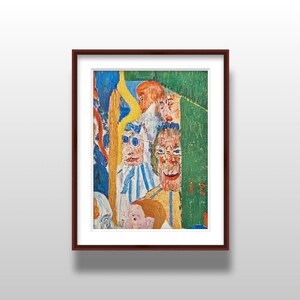 May include: A framed abstract painting with a dark brown frame. The artwork features a colorful composition of faces and figures in shades of blue, green, yellow, and red. The painting has a textured appearance, with visible brushstrokes.