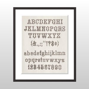 May include: A framed print featuring an antique-style alphabet and number set in black ink on a cream-colored background. The uppercase and lowercase letters, along with numbers and symbols, are displayed in a decorative font style. The print is encased in a black frame.