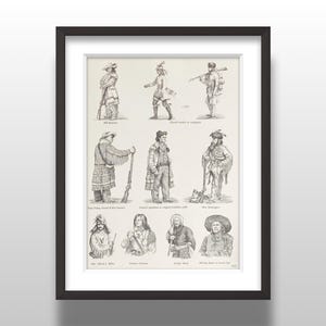 May include: Framed print featuring historical illustrations of various figures in period clothing. The black and white drawings depict individuals with rifles, hats, and other accessories. The print is encased in a black frame.