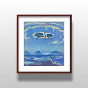 May include: An abstract painting of a landscape with a blue sky and clouds. The artwork features shades of blue and white, with a dark brown frame. The painting depicts a serene scene with mountains and water.