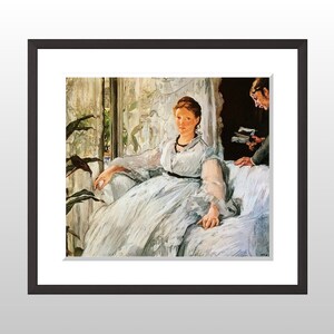May include: A framed print of a painting depicting a woman in a white dress seated on a white sofa. The painting has a soft, impressionistic style with muted colors. A person is standing behind the sofa, and a window is visible in the background.
