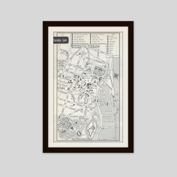 Barcelona Spain Map City Map Street Map 1950s Europe Etsy