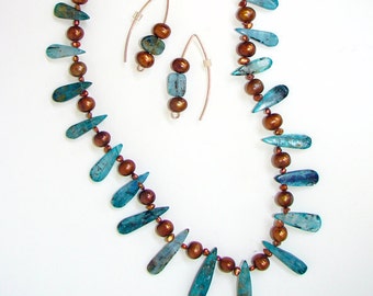 Copper Pearl & Kyanite Necklace Earring Set (no.161)