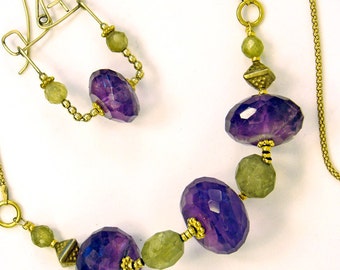 Amethyst Green Garnet Necklace & Earrings Set in 14K Gold fill (no.148)