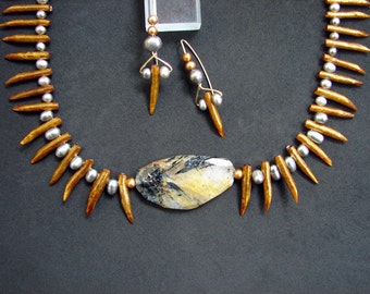 Tourmalated Quartz, Golden Coral, Freshwater Pearl Necklace & Earring Set (no.180)