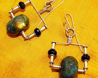 Labradorite and Black Tourmaline Earrings Large Swing style (no.130)