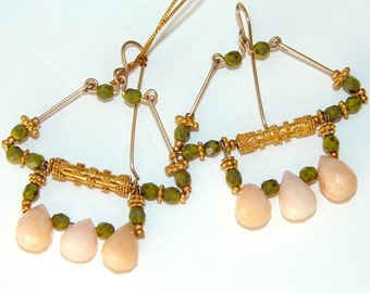 Pink Opal, Green Crystal and Gold fill Bali Beads Earrings (no.129)