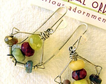 Tourmaline Jade & Jasper Earrings - Stacked Multi-Color stones (no.125)