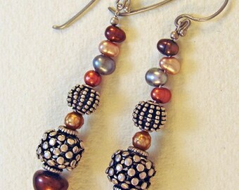 Freshwater Pearls & Bali Bead Earrings - Multi-Color Drops (no.118)