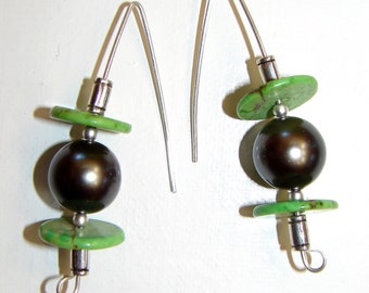 Grey Pearl & Turquoise Disk Earrings (no.170)