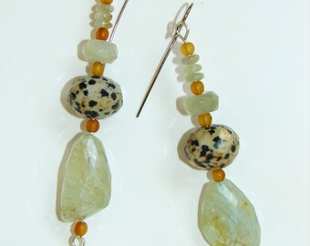 Prehnite and Dalmation Jasper Long Drop Earrings (no.173)