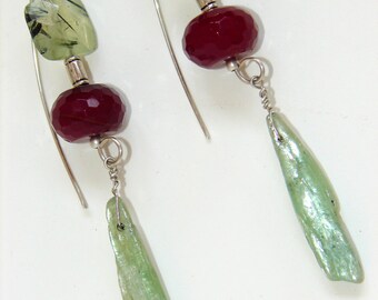 Ruby Quartz, Green Kyanite, & Prehnite Drop Earrings (no.171)