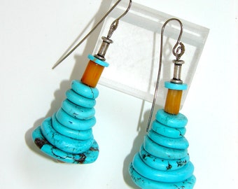 Turquoise and Coral Pyramid Stacked Earrings (no.174)