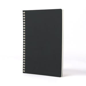 May include: A black, spiral-bound notebook with a solid cover. The notebook is rectangular with a silver spiral binding along the left edge. The pages have white edges. The notebook is set against a white background.