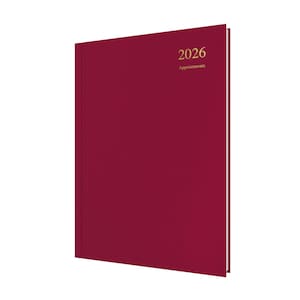 Peut inclure: Un agenda de rendez-vous de couleur bordeaux pour l'année 2026. La couverture est d'un bordeaux uni et riche, avec l'année et le mot "Appointments" imprimés en or. Le livre est fermé et a une apparence professionnelle.