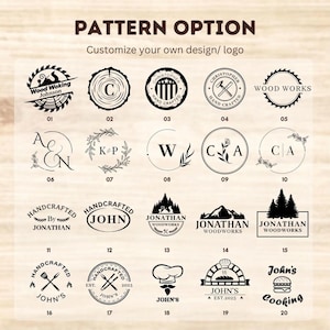Op de afbeelding: Een raster van twintig zwarte ronde en rechthoekige logo-ontwerpen op een lichte houten achtergrond. De tekst luidt PATTERN OPTION, Customize your own design/ logo, en bevat diverse monogrammen, namen zoals Jonathan en iconen zoals bomen.