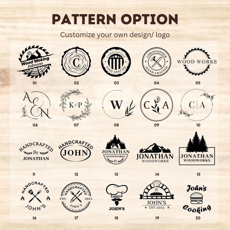 Op de afbeelding: Een raster van twintig zwarte ronde en rechthoekige logo-ontwerpen op een lichte houten achtergrond. De tekst luidt PATTERN OPTION, Customize your own design/ logo, en bevat diverse monogrammen, namen zoals Jonathan en iconen zoals bomen.