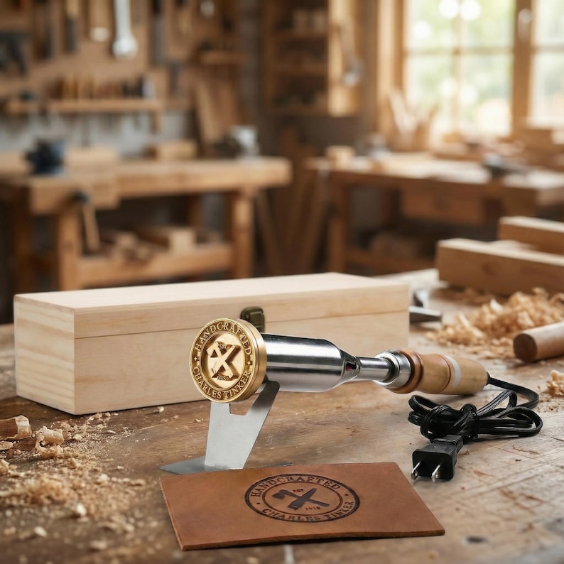 Op de afbeelding: Een metalen brandijzer met een ronde messing kop met de tekst "HANDCRAFTED" en "CHARLES TINKER" rondom een centraal "X"-logo. Het gereedschap heeft een houten handvat, een zwart netsnoer, een metalen standaard en een bijbehorende houten kist.