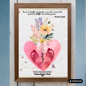 Cadeau souvenir imprimable empreinte de pas de bouquet de fleurs pour maman, cadeau de fête des mères de bébé pour maman, mon amour pour vous grandit chaque jour cadeau chrétien