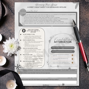 May include: A printable grief cheat sheet for bereaved spouses with tips for coping with the loss of a spouse, including creating a memory ritual, leaning on a support system, practicing self-care, and seeking professional help. The sheet also includes a comforting affirmation and space to write down a favorite memory of the spouse and a way to honor their memory.