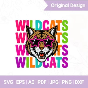 Neon Star-Eyed Wildcats Mascot PNG: Shirt Sublimation Design (Digital Download)