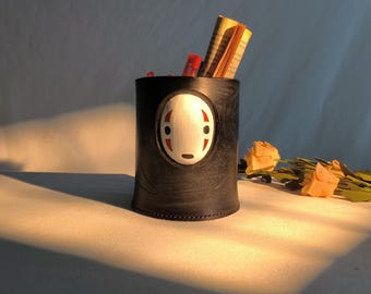 Handcrafted Leather Pen Holder Inspired by No-Face from Spirited Away, Cute & Creative Desk Organizer, Unique Gift for Anime Lovers