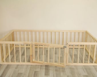 Montessori Handcrafted Playpen Floor Bed with Railings and Gate - Toddler Bed - Kids Furniture