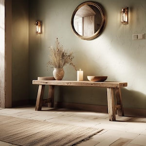 Op de afbeelding: Een rustieke houten bank met een vaas met gedroogde bloemen, een kaars en een houten kom. Boven de bank hangt een ronde gouden spiegel, met aan weerszijden twee wandkandelaars. De kamer heeft een neutraal kleurenpalet.