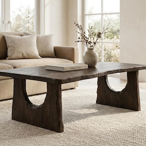 Puede incluir: Una mesa de centro de madera marrón oscuro con una superficie rectangular y dos patas gruesas en forma de arco. Sobre la mesa hay un libro de color claro con el texto Timber & Form en la portada y un jarrón de cerámica moteado con ramas secas.
