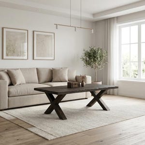 Rustic Solid Oak Coffee Table, Distressed X-Leg Vintage Farmhouse Living Room Furniture