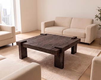 Salontafel van teruggewonnen eiken, rustieke massief houten salontafel, lage salontafel Japandi, handgemaakte boerderij woonkamertafel
