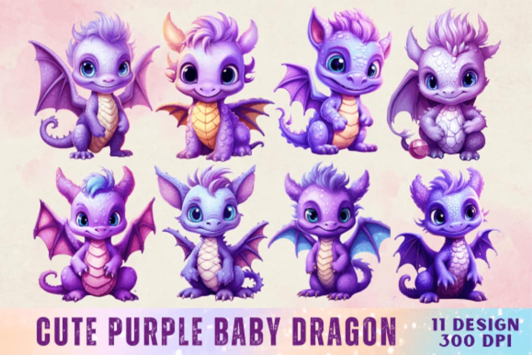 Cute Purple Baby Dragon Clipart Bundle, Kawaii Fantasy PNG Set, Baby ...