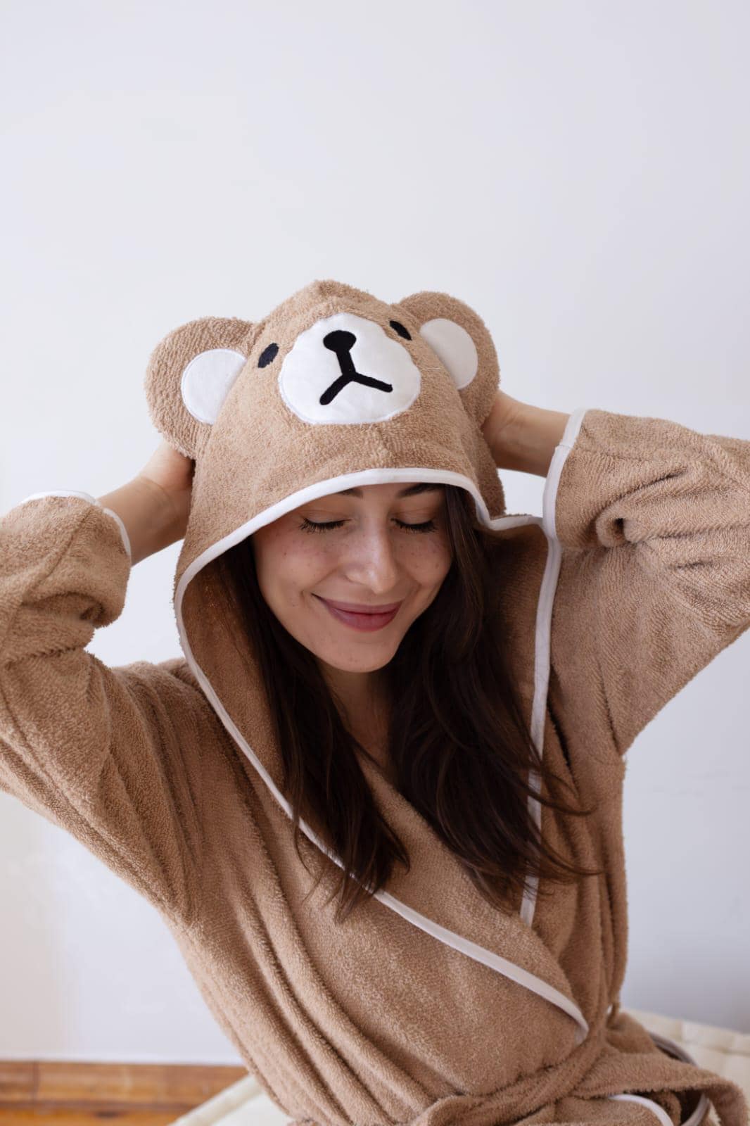 Teddy Bear Patterned Bathrobe for Adults | 100% Cotton Hooded Dressing Gown