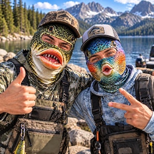 May include: Two individuals wearing fish-themed balaclavas and baseball caps with fish patches. One balaclava is green and yellow with sharp teeth, the other is multicolored with a puckered mouth. Both wear tactical fishing vests over hoodies.