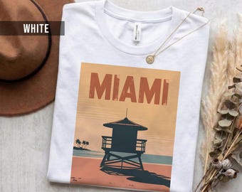 Camiseta unisex estilo retro de Miami, colores cálidos de atardecer (algodón suave, tallas S-2XL)
