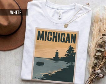 Camiseta retro de Michigan: algodón suave, diseño de puesta de sol cálida.