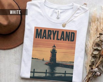 Camiseta retro de Maryland: algodón suave, diseño de puesta de sol cálida.