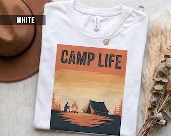 Camp Life Retro Cotton T-Shirt, Warm Sunset Silhouette (Unisex S-2XL)