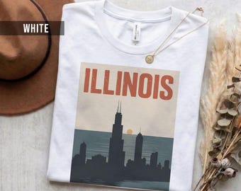 Camiseta Illinois: Diseño retro de puesta de sol - Algodón suave unisex
