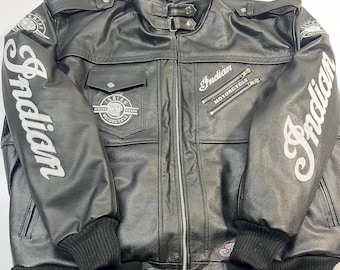 Nueva sudadera con capucha de motociclista india de cuero genuino negro para hombre