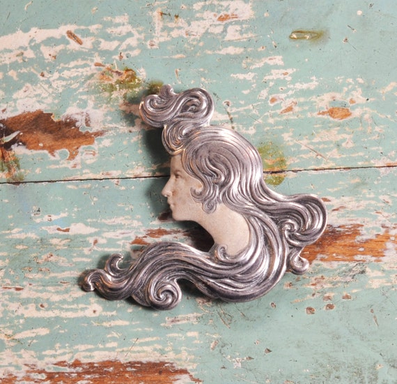 Ladies Sterling Silver Painted Art Nouveau