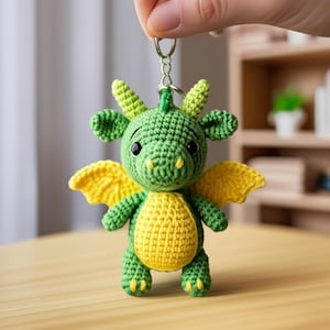 Può includere: Un portachiavi a forma di drago all'uncinetto fatto a mano, verde e giallo. Il drago ha grandi occhi neri, ali gialle e una pancia gialla. Il portachiavi è tenuto da un anello argentato.
