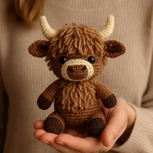 Puede incluir: Un peluche de vaca de las Tierras Altas hecho a mano con ganchillo. La vaca marrón tiene una melena desgreñada, orejas pequeñas y cuernos color crema. Tiene pezuñas de color marrón oscuro y ojos negros.